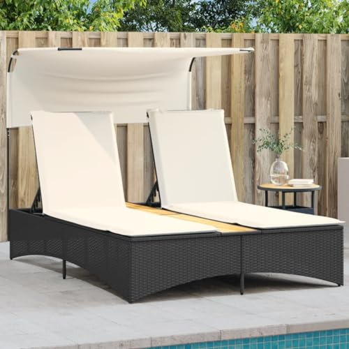 Faroom Tumbona Doble de Ratán para Jardín con Techo Solar, Cama Exterior Jardin, Tumbonas Piscina 2 Plazas, Cama Balinesa, Tumbonas Jardin Exterior, con Mesa de Centro y Almohadón Negro
