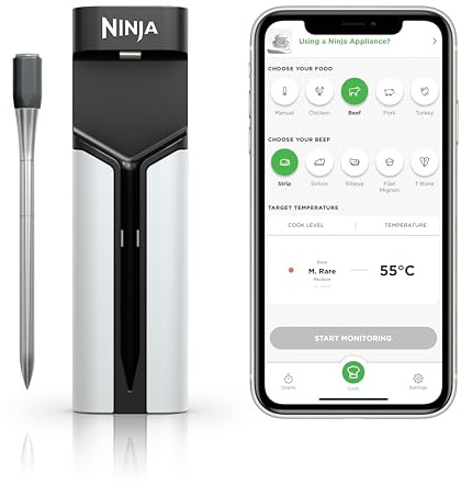 Ninja ProChef Wireless Meat Thermometer Probe for Indoor & Outdoor Cooking, Grilling and Air Frying with 50m Bluetooth Range & 30-Hour Battery Life, App Connected, Heat-Resistant, Waterproof WP100UK
