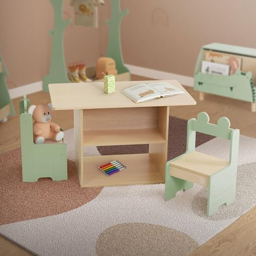 Joyz Kindersitzgruppe mit Tisch & 2 Stühlen, 3tlg Kindertischgruppe Holz, Kindermöbel Set für Kinder, Kindertisch mit Stauraum, Schreibtisch Maltisch mit 2 Kinderstühlen für Kinderzimmer & Spielzimmer