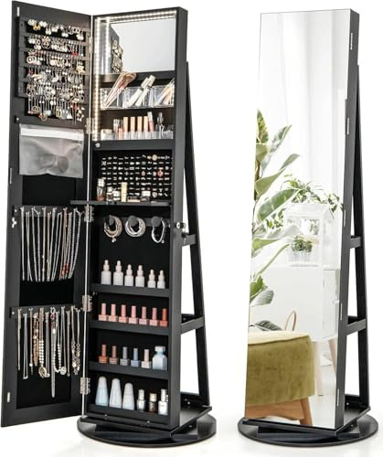 Multigot 3-Color LED Lights Jewellery Cabinet, 3-in-1 360° Swivel Jewelry Armoire with Full-Length Mirror, Lockable Cosmetic Storage Organizer for Dressing Room Living Room Bedroom (Black)