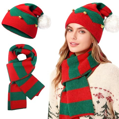 TAGVO Set di 2 Pezzi Cappello e Sciarpa di Natale, Sciarpa Invernale da Babbo Natale, Set di Cappello e Sciarpa Natalizia a Maglia, Cappello e Sciarpa da Elfo di Babbo Natale per Festa