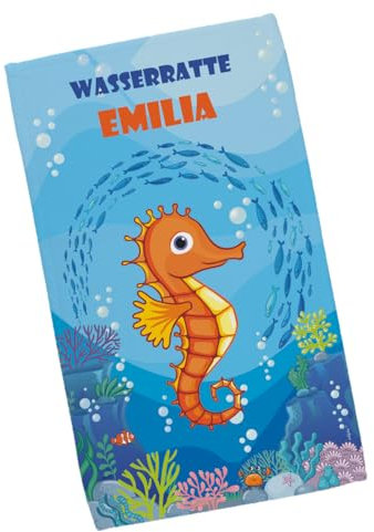 Herz & Heim Produktbild Strandtuch für Kinder mit Seepferdchen Motiv, Name und Wunschtext, DREI Größen (50 x 100 cm)