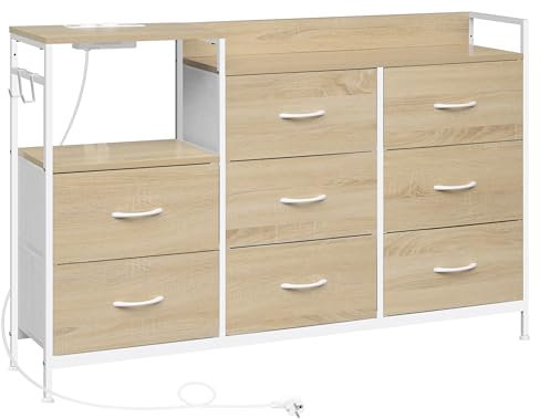 WOLTU Kommode mit 8 Schubladen aus Stoff, Stoffkommode mit Steckdosen, Kommodenschrank für Schlafzimmer Wohnzimmer Flur, aus Metallrahmen Holzwerkstoff, Helle Eiche+Weiß, SSK007whe