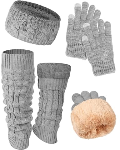 Shihanee 3 Pack Fleece Lined Leg Warmers Headband Gloves Set Warm Knit Fleece Cable Accessory for Winter Skating Daily Wear(Grey)