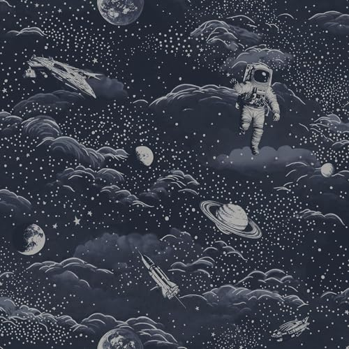 SOPHIE LAURENCE Blue Silver Space Wallpaper Metallic Astronauts Moon Stars Kids Feature Bedroom