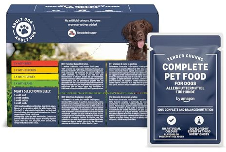 by Amazon Complete Food for Adult Dogs, Meat Selection in Jelly, 1.2 kg (12 Packs of 100g)