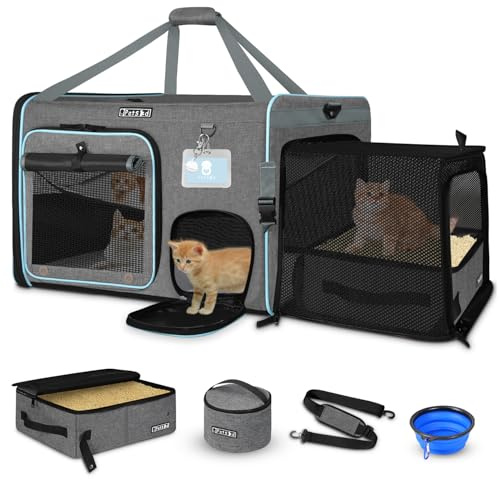 Petskd Side Expandable Extra Large Cat Carrier with Litter Box, Grey