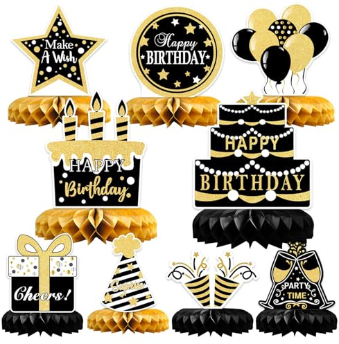 Geburtstag Tischdeko Schwarz Gold,9 Stück Bienenwaben Deko Tischaufsätze Set,Geburtstag Deko für Männer und Frauen,Tischdekoration für jährige