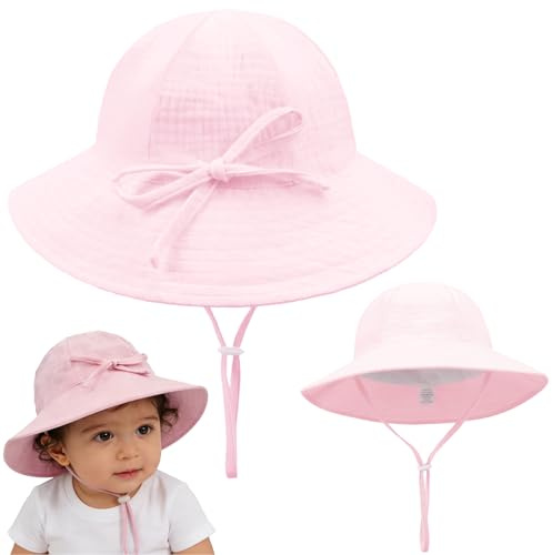 AMOturuxient Baby Sun Hat Cotton Bucket Hat with Chin Strap, Soft Breathable Infant Summer Hat, Adjustable Floppy Beach Cap for Toddler Boys Girls 0-24 Months (UK, Age, 6 Months, 24 Months, Pink)