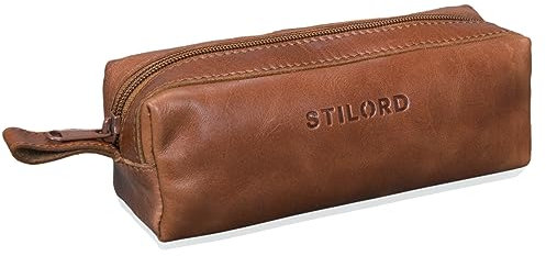 STILORD 'Linus' Etui Leder Vintage Herren Damen Stifteetui Lederetui Federmappe quadratisch Stiftetasche Büffelleder, Farbe:Cognac - glänzend
