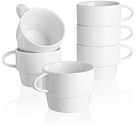 Sweese Porcelain Espresso Cups Set of 6, White Ceramic Espresso Coffee Cups with Handle, 6oz Durable Espresso Coffee Mugs for Home & Cafe