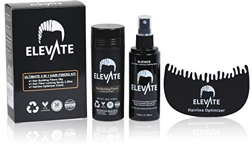 Elevate Hair Building Fibers 3-in-1 Kit for Thinning Hair (Dark Brown) Keratin Hair Thickening Powder with Fiber Lock Spray & Hairline Optimizer Comb - Instant Concealer Applicator for Men & Women