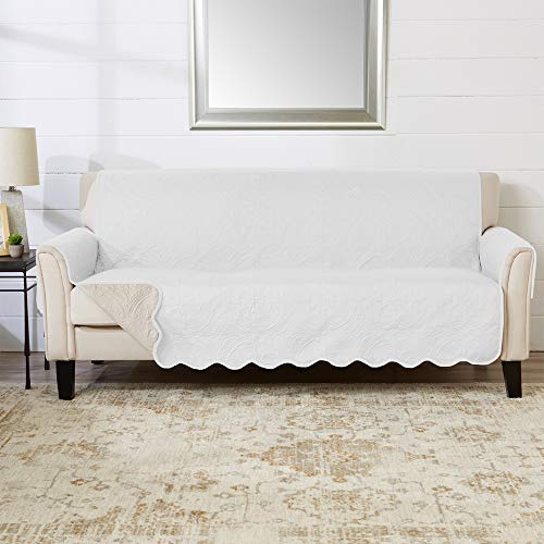 Great Bay Home Reversible Sofa Cover - Washable Slipcover Furniture Protector with Elastic Straps - Perfect for Kids & Pets - Quilted & Stitched Detail (White/Sand)