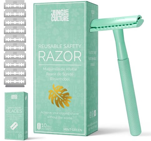 Jungle Culture® Rasoio di Sicurezza per Donne e Uomini • Rasoio Riutilizzabile in Metallo • Donna Rasoio Manuale • Safety Razor Tradizionale Corpo Viso (Menta)
