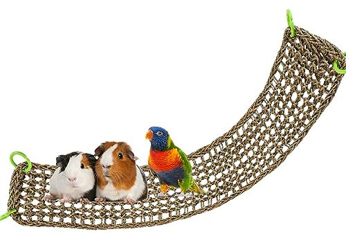 100 x 18 cm Vogel-Seegrasmatte, Natürliches Seegras-Gewebenetz, Vogel-Hängematte mit Haken, Vogelkäfigzubehör, Kletterseil-Leiter-Kauspielzeug für Nymphensittich, Hamster, Meerschweinchen, Ratten