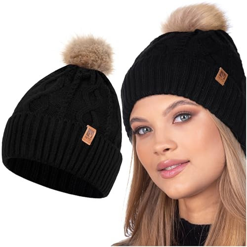 HEYO Damen Mütze Weiche Wintermütze mit Kunstfellbommel Leichte Bommelmütze Beanie Strickmütze gefüttert Mädels (Schwarz)