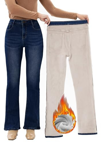 Yehopere Women's Fleece Lined Straight Flare Leg Winter Thermal Flannel Lined Jean Denim Trouser Pant