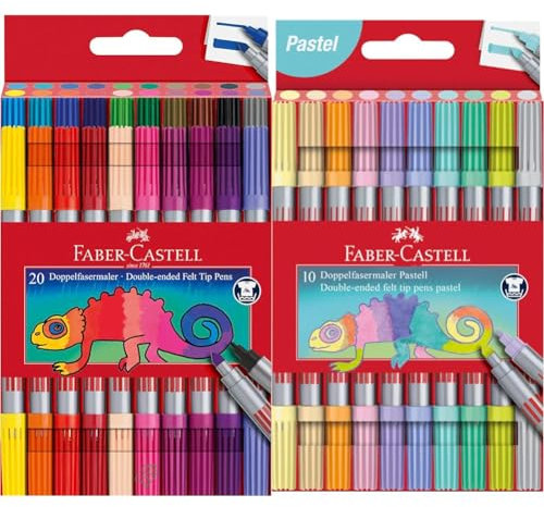 Faber-Castell 151119 - Filzstifte Set 20-teilig, Doppelfasermaler für Kinder und Erwachsene & 151112 - Filzstifte Set Pastell, 10 Doppelfasermaler für Kinder und Erwachsene
