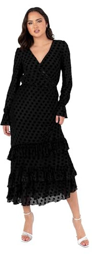 Lovedrobe Women's Midaxi Dress Ladies V-Neck Long Sleeve Tiered Ruffle Frill Hem Flocked A-line Evening Occasion Black 42, Black, 16