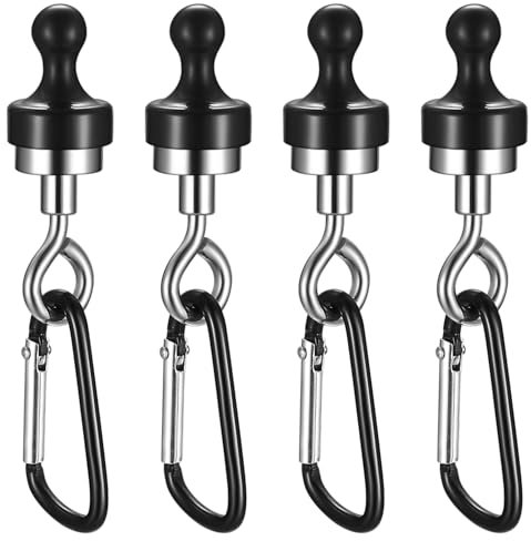 SHACHENH Pack of 4 Magnetic Hooks, Extra Strong, Black Aluminium Magnetic Hooks with Carabiner, Magnetic Holder for Camping, Garage, Kitchen, Office