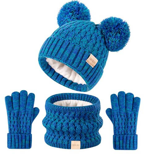 Chapeau d'hiver pour enfants Echarpe Gants Chaud en tricot doublé de laine polaire Chapeau PomPom pour les enfants de 3 à 9 ans, parfait pour les garçons et les filles
