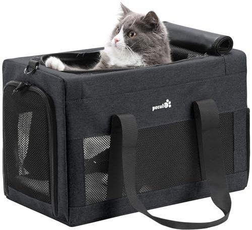 pecute® Cat Carrier Airline Approved, Extra Stable Cat Carrier Handbag, Portable Dog Carrier, Breathable Mesh Fabric Bag for Pets, Pet Carrier Suitable for Both Long And Short Trips Dark Grey