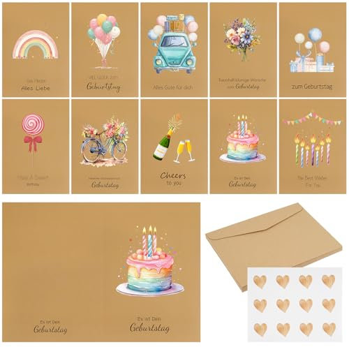 Birthday Card,Geburtstagskarte Set,10 Stück GrußKarten,Aquarell Geschenkkarte Geburtstag,Glückwunsch Klappkarten mit Umschlag und Aufkleber für Familie & Freunde Geburtstag
