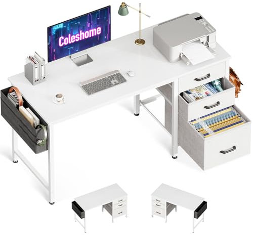 Coleshome Schreibtisch mit 3 Stoff Schubladen, 120x48cm Computertisch mit Kopfhörer Halter, Reversibler PC Schreibtisch Bürotisch für kleines Heimbüro, Weiß