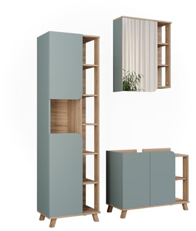 Vicco Badmöbel-Set Karen, Sonoma/Blau, 80 cm, besteht aus Waschbeckenunterschrank, Spiegelschrank und Hochschrank