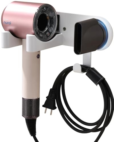 UEMUSI Support pour sèche-cheveux, sans perçage, blanc, support mural sans perçage, pour la plupart des sèche-cheveux, pour salle de bain / chambre à coucher