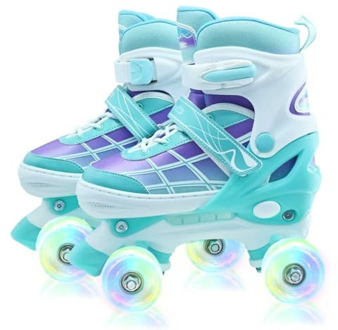 Roller Skates for Kids, Adjustable Quad Skates for Boys and Girls Ages 5-8 with Light Up Wheels, Children Beginners Rollerskates Gradient Green for Indoor Outdoor