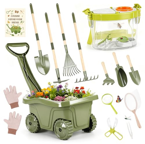 Dreamon Kinderschubkarre Garten Set mit Werkzeugen & Insekten-Entdecker Set – 17 PCS Entdecker- Schubkarre Kinder, Beobachtungsbox, Laubrechen – Gartenspielzeug & Outdoor Forscherset für Kinder ab 3