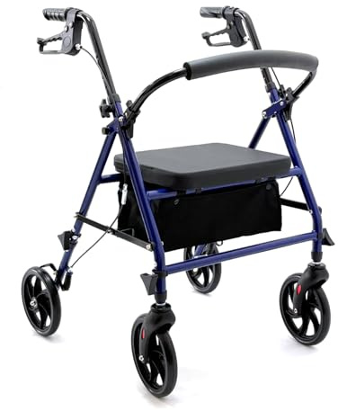 Deambulatore pieghevole leggero con sedile, 4 ruote, freni e borsa portaoggetti – Ausilio per la mobilità per anziani e adulti – Altezza regolabile, compatto e portatile