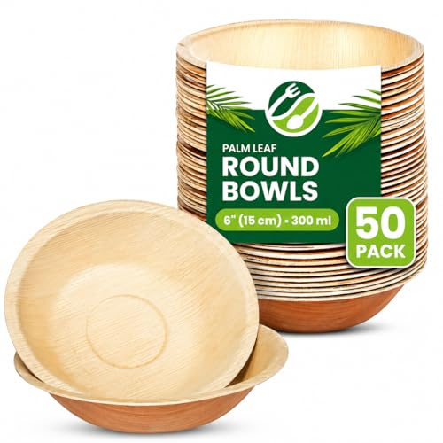 Eco Leaf Products Disposable Palm Leaf Bowls – Pack of 50, 6 (15cm) Round Compostable for Desserts & Salad, Eco-Friendly, Biodegradable, Heavy-Duty, Microwave & Oven Safe – for Weddings & Parties