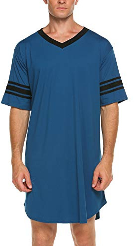 Ekouaer Men's Nightshirt Cotton Nightwear Comfy Big&Tall V Neck Short Sleeve Soft Loose Pajama Sleep Shirt,Men-blue,X-Large