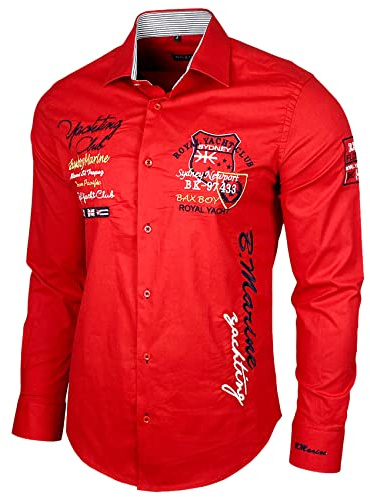 Baxboy Camisa elástica Slim Fit para ocio, negocios, boda, color puro, cuello de Kent, manga larga, contraste B-502, rojo, XXL