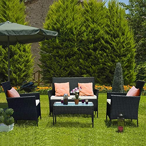 bigzzia. Set da giardino in rattan, 4 pezzi, mobili in vimini per terrazza, 2 poltrone, 1 divanetto a due posti e 1 tavolino (nero)