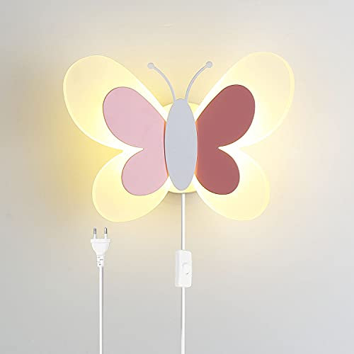 OOWOKS LED-Schmetterlings-Wandleuchte, Nachttischlampe für Kinder, 14 W, dimmbare Wandleuchte mit Schalter und Stecker, Schmetterlings-Nachtlicht, Mädchen-Kinderzimmerleuchten, Schlafzimmerleuchten, A