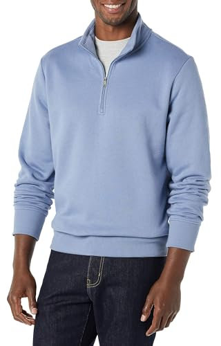 Amazon Essentials Herren Langärmliges Fleece-Sweatshirt Mit Viertelreißverschluss, Blau, L
