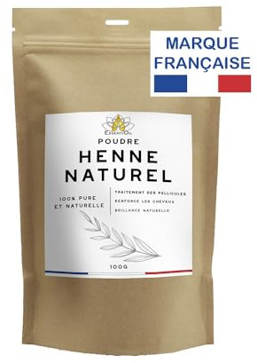 ESSENTIOIL Henne Naturel - 100% Naturel - Favorise la pousse, Assainit le cuir chevelu, Embellit la chevelure, Gaine la fibre capillaire - Tous types de cheveux - 100g - Marque française