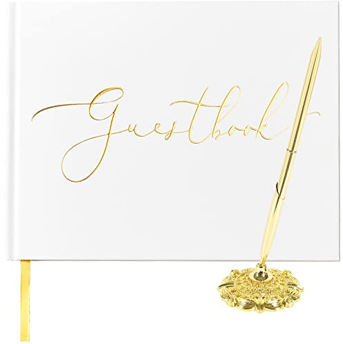 TRULIVA Wedding Guest Book, Sign in Guest Book for Wedding Reception, 9x7, Hardcover, Gold Foil Guestbook (Lined, Guestbook, Ballpoint Pen and Pen Holder)