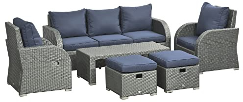 Outsunny 7 Seater Rattan Garden Furniture Set 2 Reclining Chairs Blue
