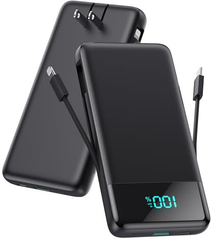 Portable Charger Power Bank for iPhone with Built-in Cables and AC Wall Plug, 13800mAh Ultra Slim Travel Essentials,USB C Fast Charging External Battery Pack for iPhone 17/16/15/13,Galaxy,Android etc