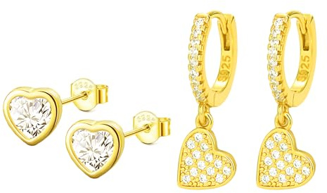 Hinvan 2 Paires Boucles d'oreilles Coeur pour Femme Fille, Boucles d'oreilles Femme Pendantes, Boucles d oreille Oxyde de Zirconium, Diamant Boucles d oreilles Creoles Plaqué Or Clou d'oreille Or