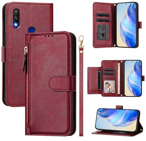 Compatible avec Honor 9X Coque,Compatible avec Huawei P Smart Z STK-LX1 / Y9 Prime 2019 STK-L21 STK-L22 STK-LX3 Flip PU Cuir Zip Portefeuille Etui pour téléphone Portable Red