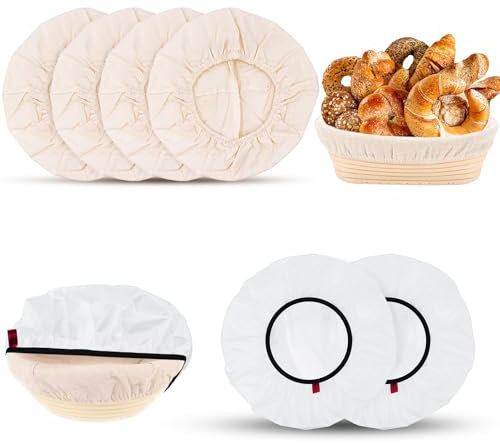 Mispudin 4+2 Pcs 25cm Cestino Pane Lievitazione in Tessuto & Copertura per Impasto Set, Rotondo Lino Panno Lievitazione Pane mit Riutilizzabili Cuffia Alimentare per Lievitazione per Fermentazione