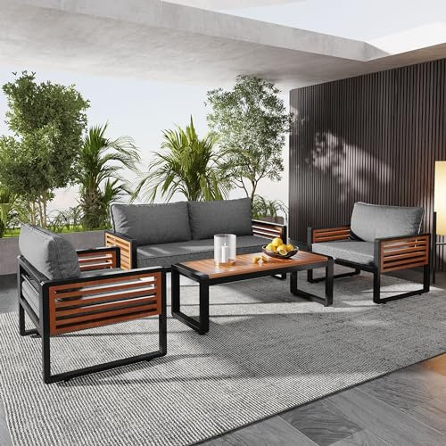 Zepneiy Juego de muebles de jardín de 4 piezas, muebles de salón para exteriores con 1 sofá de dos plazas, sofá de 2 plazas y 1 mesa, muebles de balcón, sofá de jardín de hierro galvanizado, gris