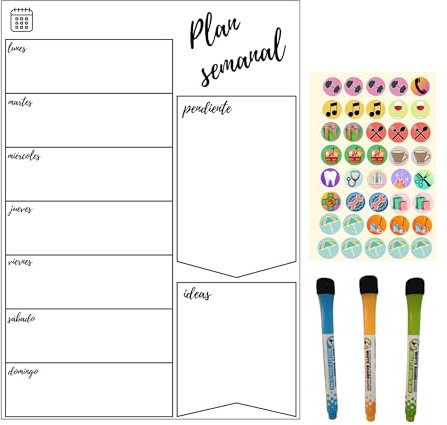 Planificador Semanal Magnético para Nevera A3 – Pizarra Blanca Borrable con 40 Imanes de Tareas y 3 Rotuladores – Ideal para Menú Semanal, Lista de la Compra y Organización Familiar – Infinitliving