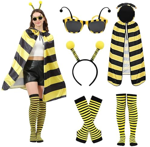 MEISHANG Deguisement Abeille,Déguisements Adultes,Deguisement Abeille Femme-Cape d'abeille,Gants,Lunettes,Barrette-Déguisement Carnaval Femme pour Carnaval Fête Cosplay