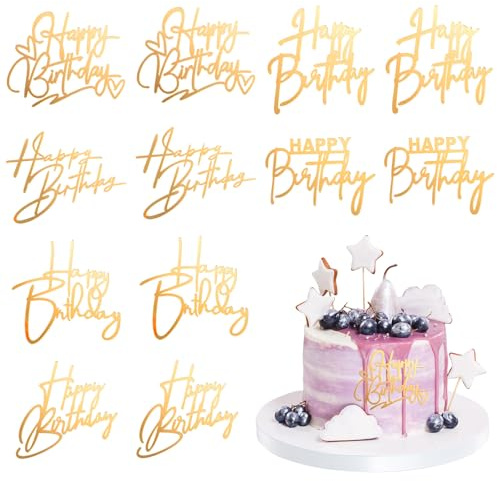 XLIUAX 12 Pcs Happy Birthday Cupcake Toppers, Acrylic Cake Topper Sign Mini Cakes Supplies Cupcake Gold Happy Birthday Decoration for Celebrating Birth Born Theme Party